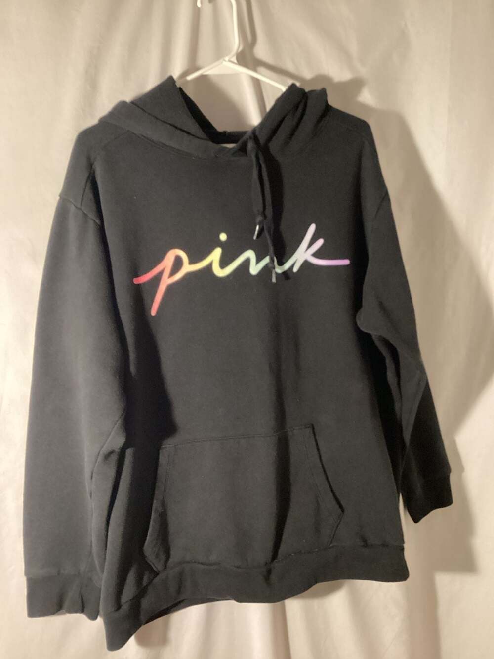 Victoria's Secret PINK Campus Pullover Hoodie Size L Black Rainbow Script